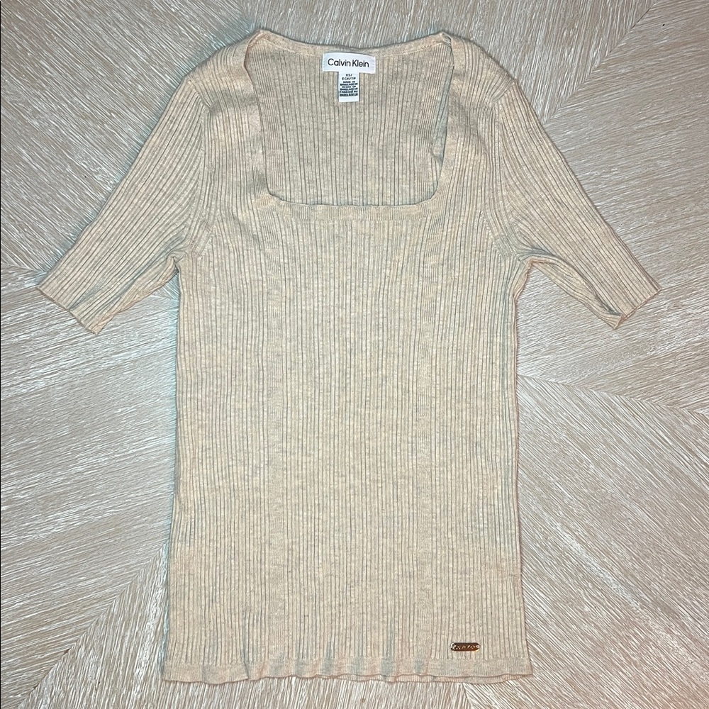 Calvin Klein Beige Ribbed Short Sleeve Fitted Top